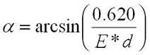 α = arcsin (0.620 / (E * d))